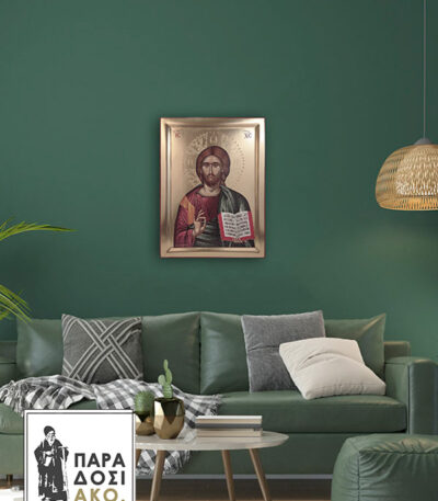 Ιησούς Χριστός χειροποίητη αγιογραφία σε σκαφτό ξύλο κόντρα πλακέ θαλάσσης, στίλβωμα ματ και τσουκάνικο στο φωτοστέφανο. Διάσταση 40x30x2.5cm