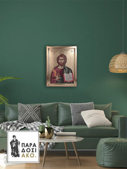 Ιησούς Χριστός χειροποίητη αγιογραφία σε σκαφτό ξύλο κόντρα πλακέ θαλάσσης, στίλβωμα και τσουκάνικο στο φωτοστέφανο. Διάσταση 40x30x2.5cm