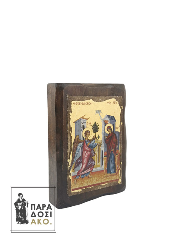 Ξύλινη πελεκητή εικόνα ο Ευαγγελισμός της Θεοτόκου με φύλλα χρυσού 10Χ14cm