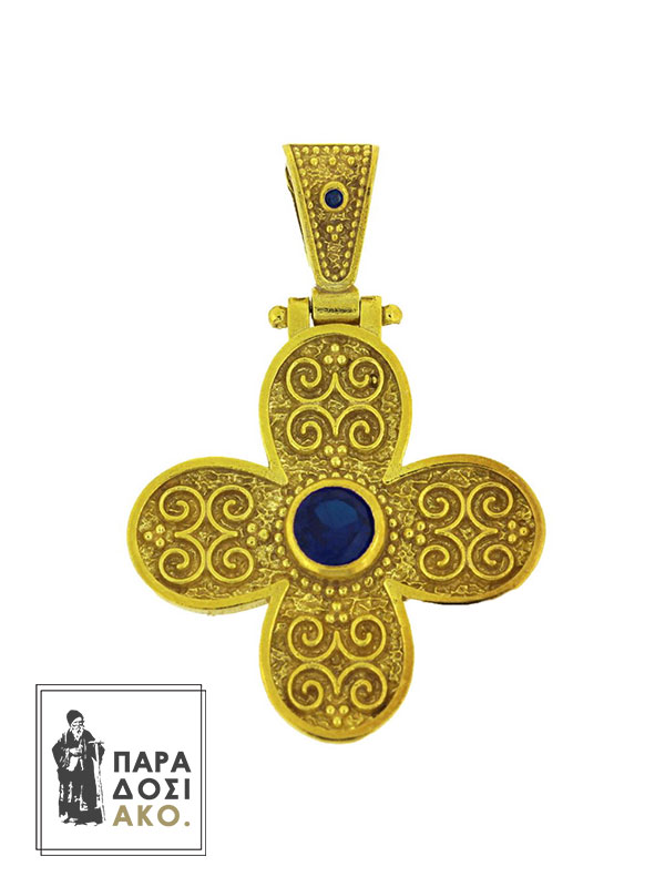 Επίχρυσος Σταυρός Βυζαντινός από ασήμι 925 διακοσμημένο με μπλε πέτρα και σκαλιστές λεπτομέρειες
