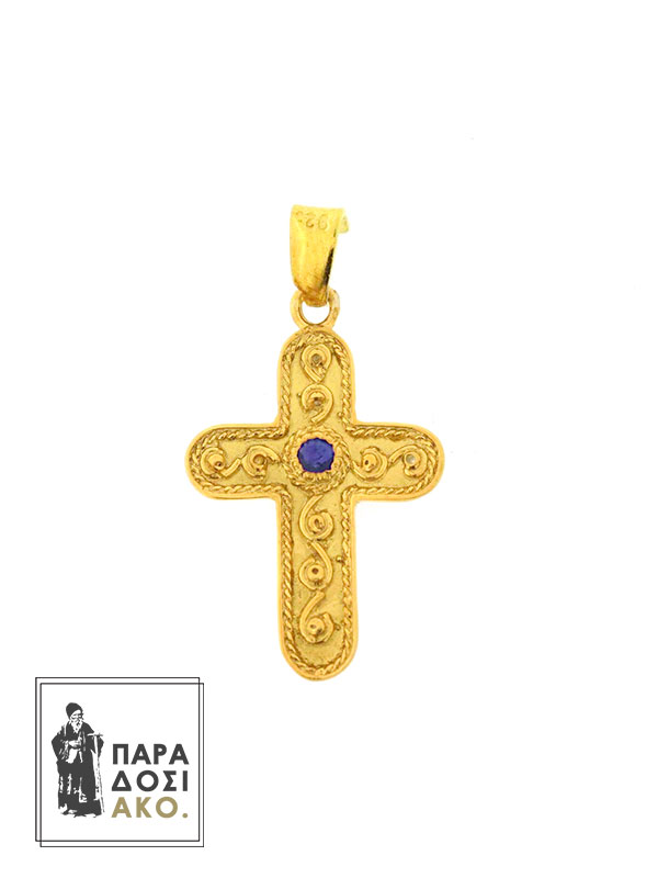 Βυζαντινός επίχρυσος σταυρός από ασήμι 925 με πέτρα σε διάφορα χρώματα και περίτεχνα σκαλιστές λεπτομέρειες - 7x20x27mm