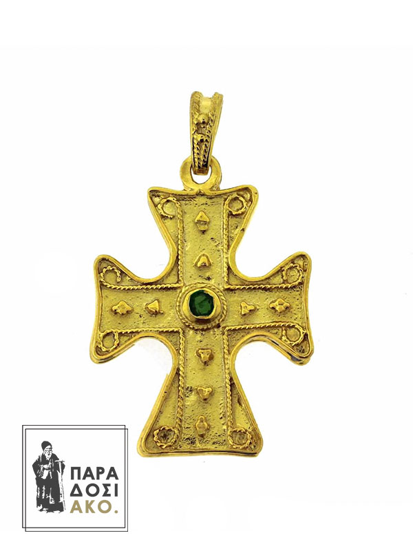 Βυζαντινός επίχρυσος σταυρός από ασήμι 925 με πράσινη πέτρα και σκαλιστές λεπτομέρειες