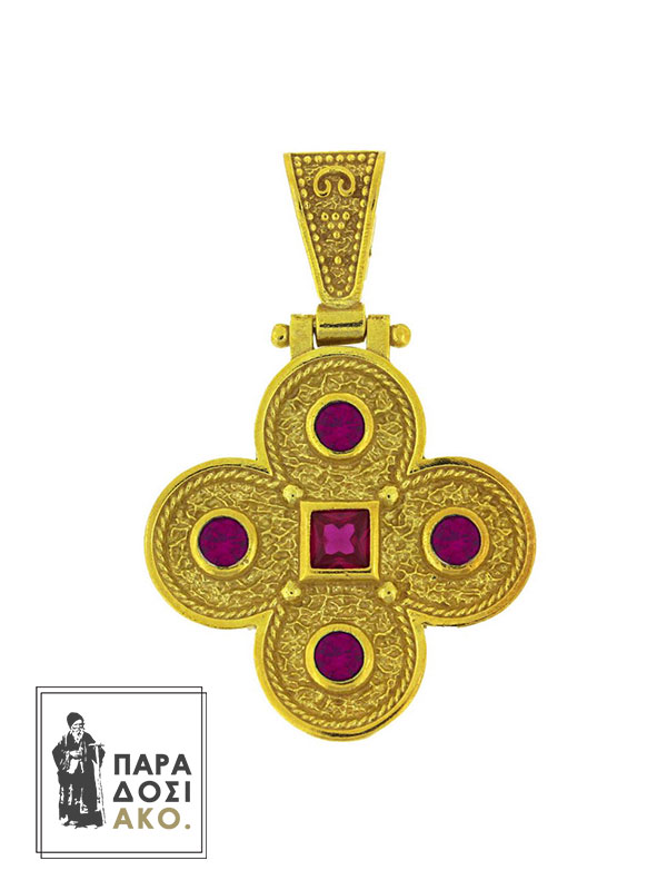 Επίχρυσος βυζαντινός σταυρός από ασήμι 925 με στρογγυλεμένες πλευρές και ρουμπίνι