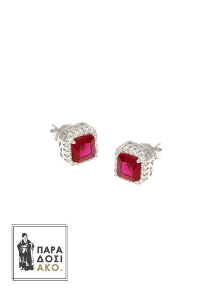Καρφωτά σκουλαρίκια από ασήμι 925 και τετράγωνη ροζέτα 9mm με κόκκινη ζιργκόν 6mm