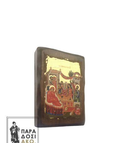 Ξύλινη πελεκητή εικόνα η Γέννηση της Υπεραγίας Θεοτόκου με φύλλα χρυσού 14Χ10cm