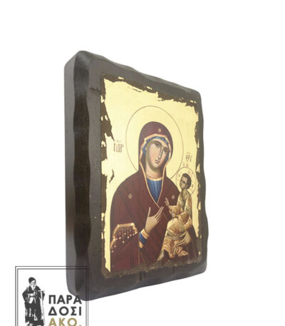 Ξύλινη πελεκητή εικόνα της Παναγίας με φύλλα χρυσού 14Χ18cm